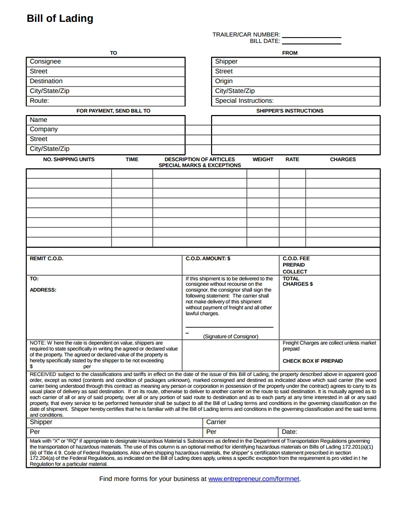 Straight bill of lading template free